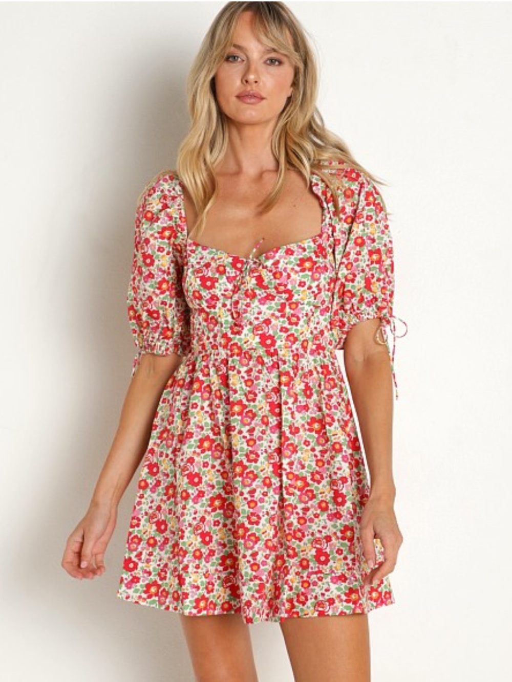 For Love And Lemons Pink and Red Floral Puff-Sleeve Mini Dress
